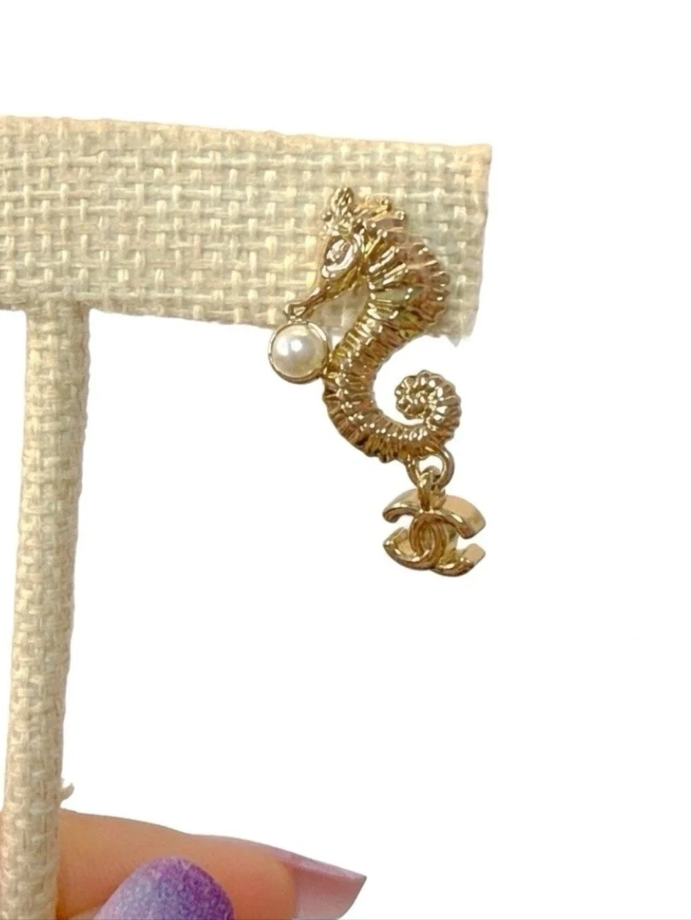 CHANEL Gold Seahorse Pearl Dangle Earrings